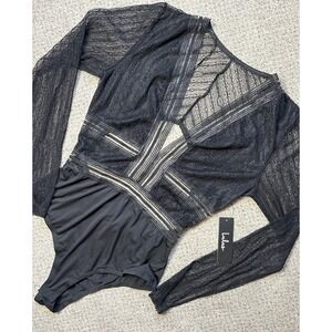 New Lulus Casita Black Sheer Lace Long Sleeve Bodysuit Plunging Neckline Large